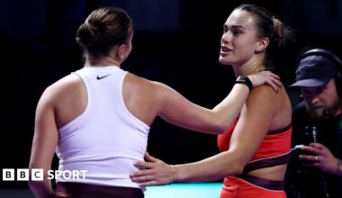 Aryna Sabalenka and Amanda Anisimova embrace at the net after their match