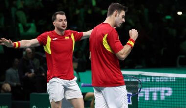 Spain's Pedro Martinez and Marcel Granollers celebrate on Saturday in Bologna.