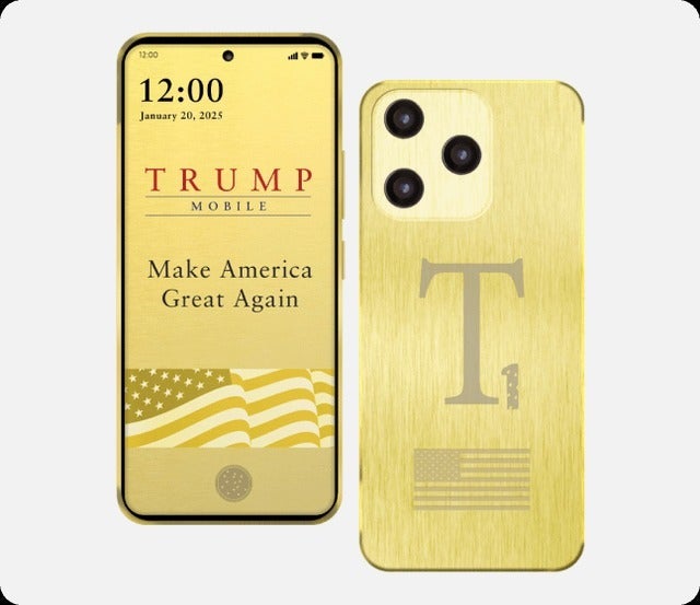 Render of the Trump Mobile T1 phone with “Make America Great Again” wallpaper.