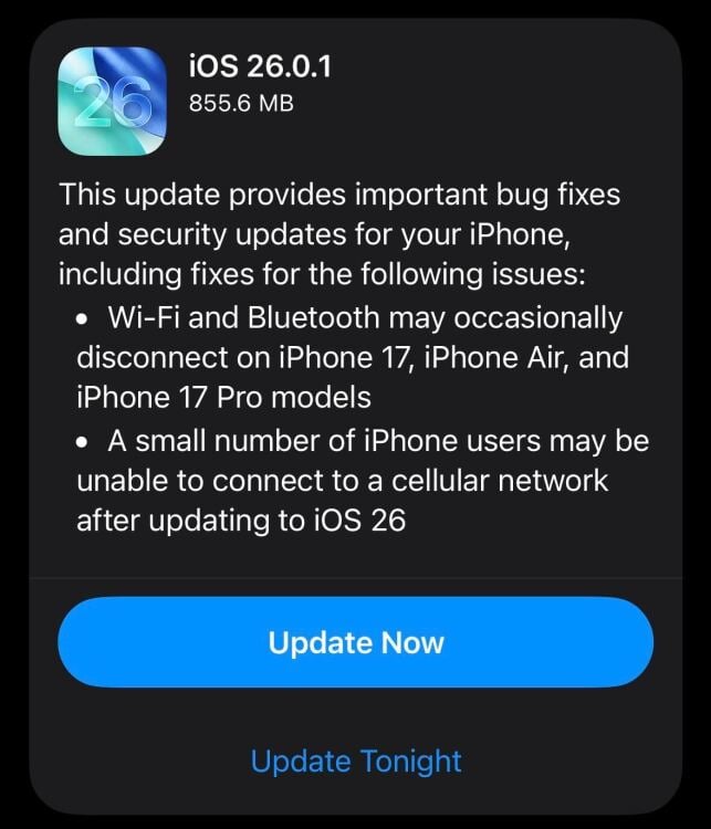 iOS 26.0.1 installation screen on an iPhone