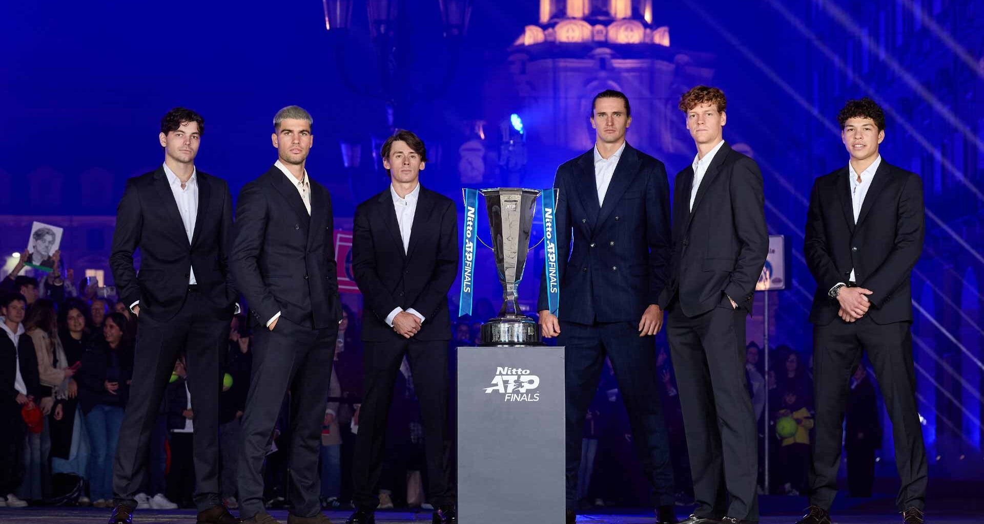 Taylor Fritz, Carlos Alcaraz, Alex de Minaur, Alexander Zverev, Jannik Sinner, Ben Shelton on media day ahead of Sunday's start of the Nitto ATP Finals.