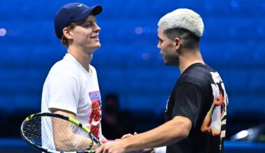 Jannik Sinner and Carlos Alcaraz trained together Friday at the Nitto ATP Finals.