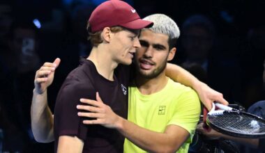 Jannik Sinner defeats Carlos Alcaraz in straight sets in Turin on Sunday.