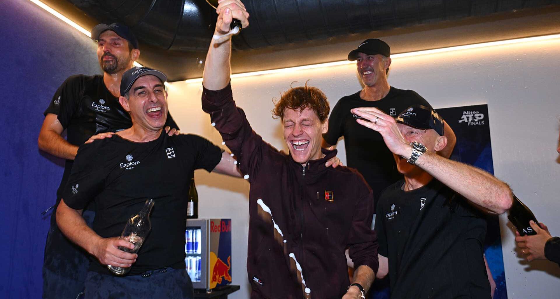 Jannik Sinner celebrates his Nitto ATP Finals title triumph with his team.