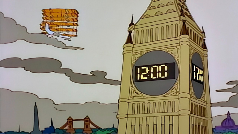 Big Ben showing 12:00 on The Simpsons