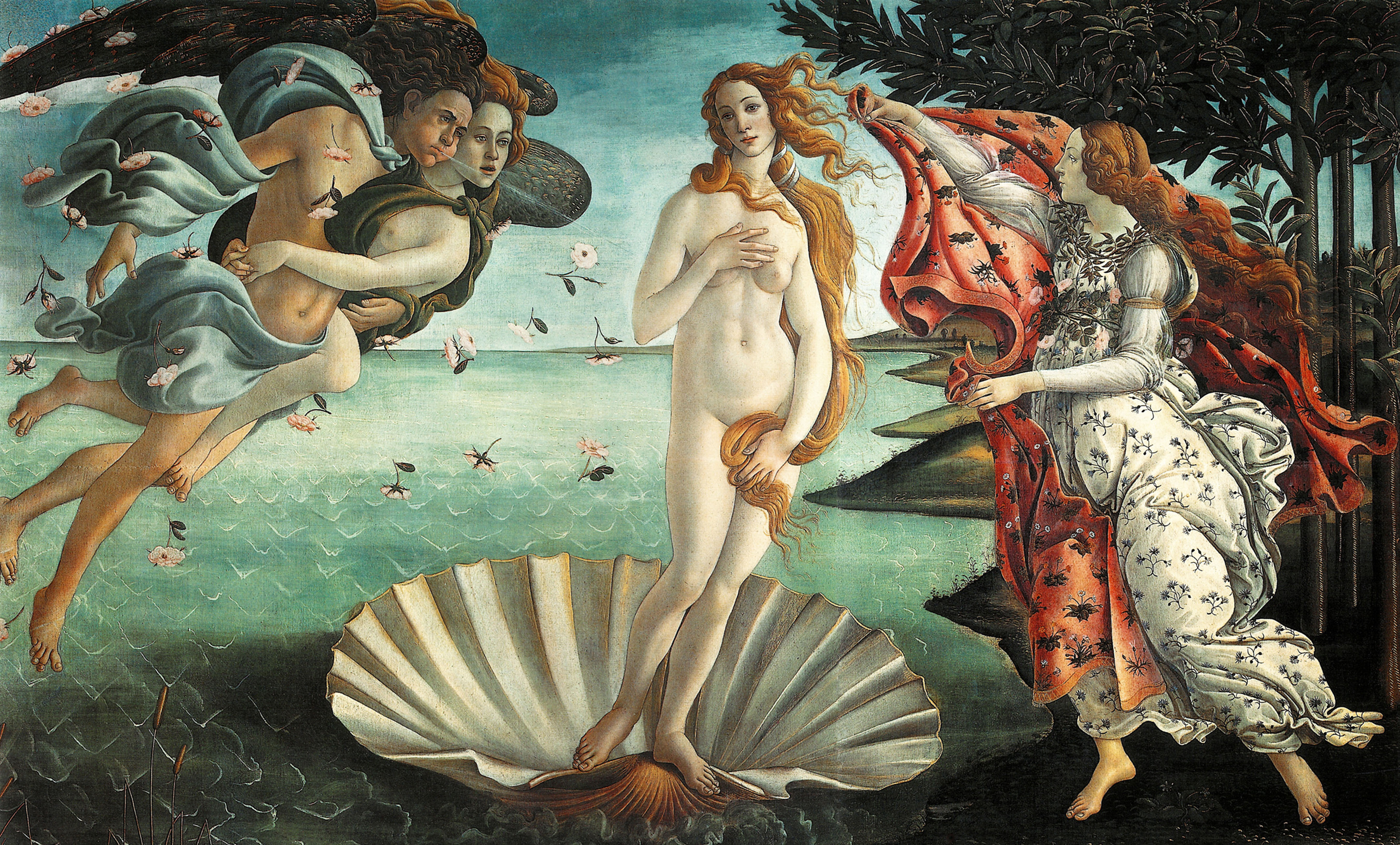 Painting of the goddess Venus standing on a seashell in the ocean, surrounded by other figures and falling flowers.
