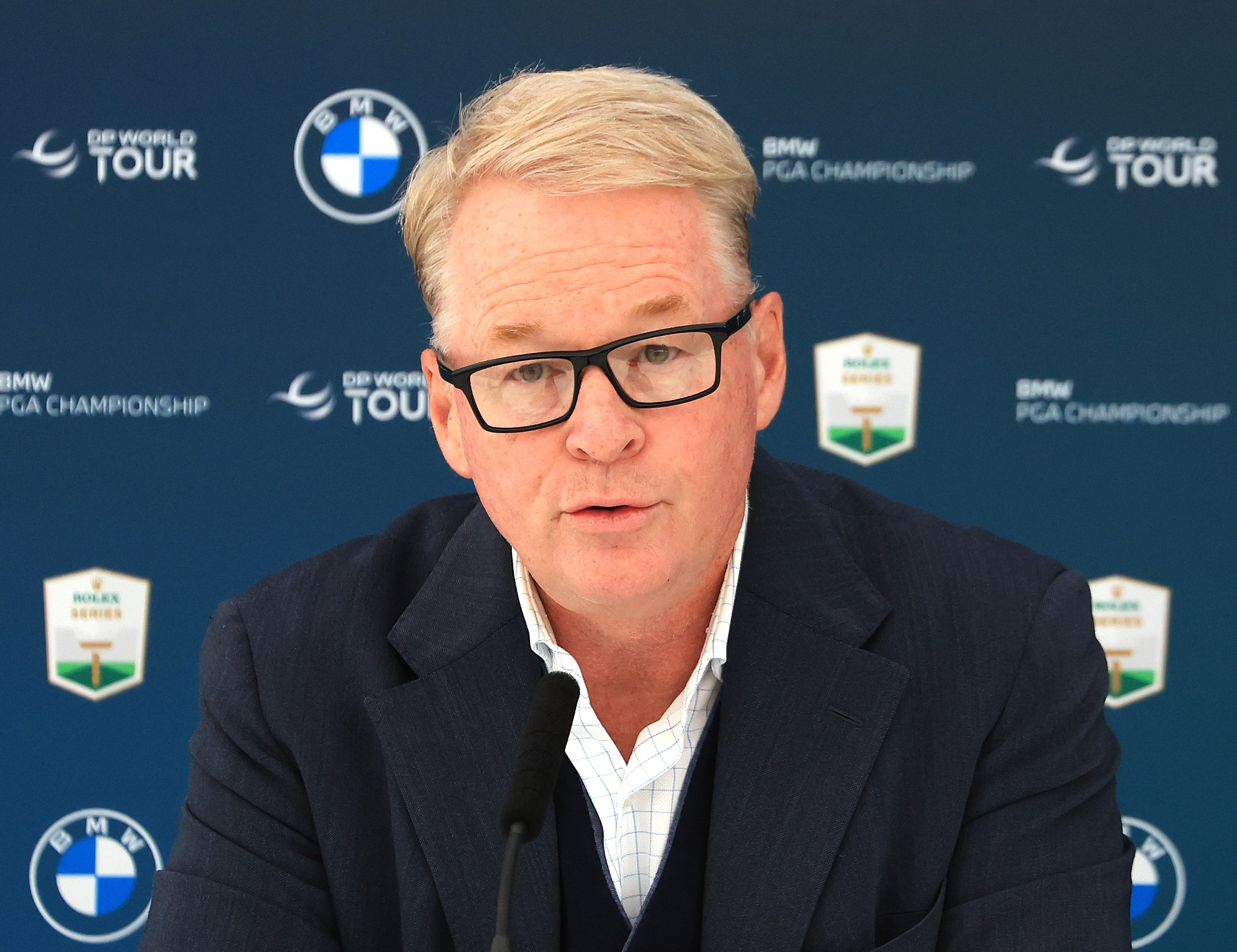 Keith Pelley, CEO of The European Tour Group and DP World Tour, speaks at a press conference.