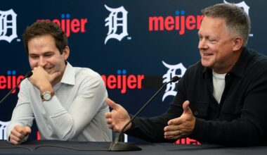 Detroit Tigers team president Scott Harris, left, and team manager A.J. Hinch speak to the press in an end of season press conference at Comerica Park on Monday, Oct. 13, 2025.