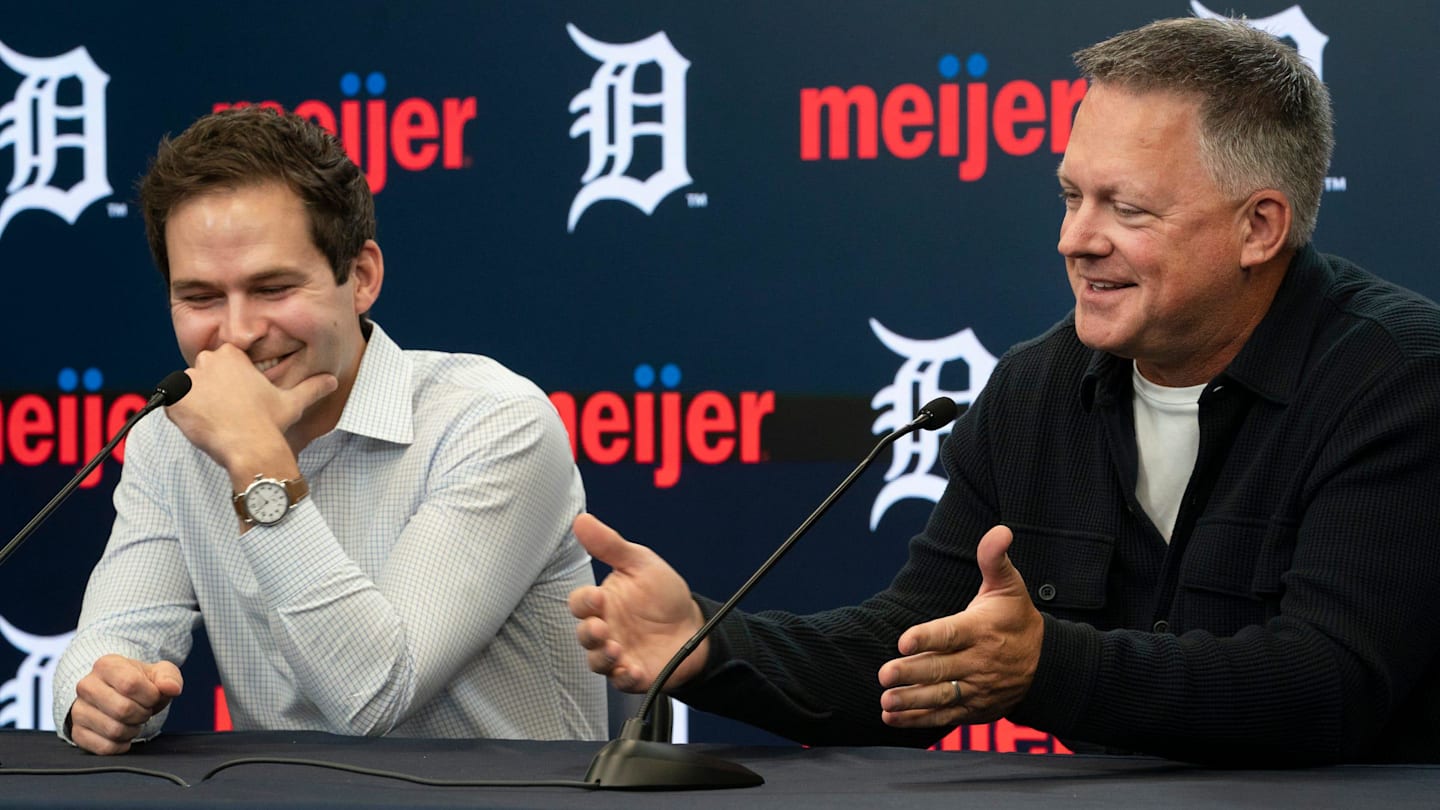 Detroit Tigers team president Scott Harris, left, and team manager A.J. Hinch speak to the press in an end of season press conference at Comerica Park on Monday, Oct. 13, 2025.