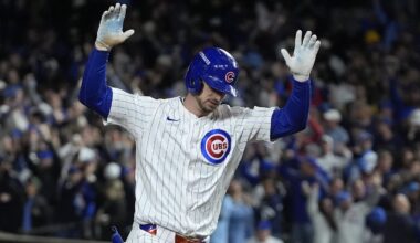 Oct 9, 2025; Chicago, Illinois, USA; Chicago Cubs right fielder Kyle Tucker (30) reacts after hitting a home run against the Milwaukee Brewers during the seventh inning for game four of the NLDS round for the 2025 MLB playoffs at Wrigley Field. Mandatory Credit: David Banks-Imagn Images