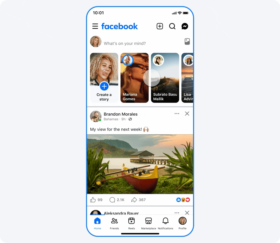 A GIF showing the updated Facebook Feed experience
