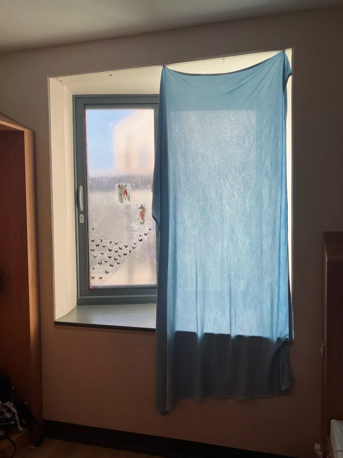 Makeshift curtain in Dean Upson's room at Hafan y Coed