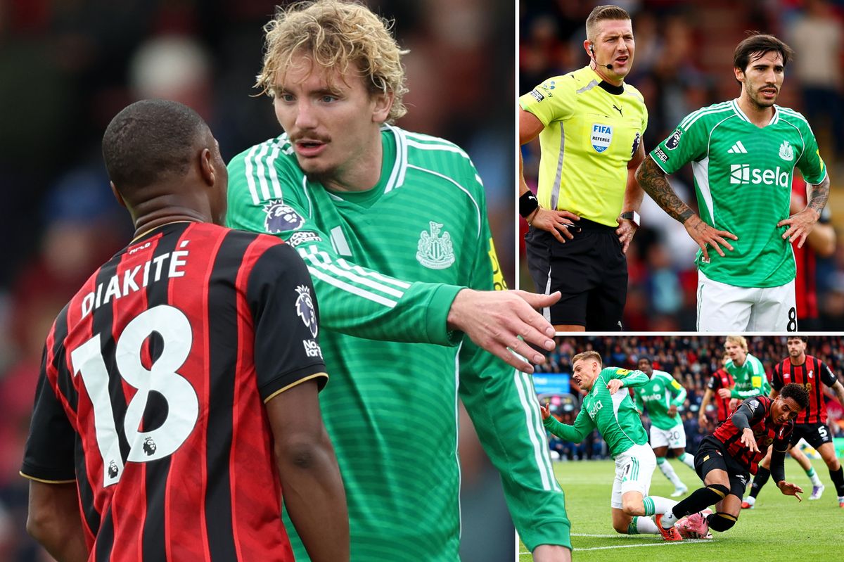 Newcastle United's Nick Woltemade confronts Bafode Diakite of AFC Bournemouth. referee Rob Jones with Sandro Tonali, and Harvey Barnes goes down under a challenge
