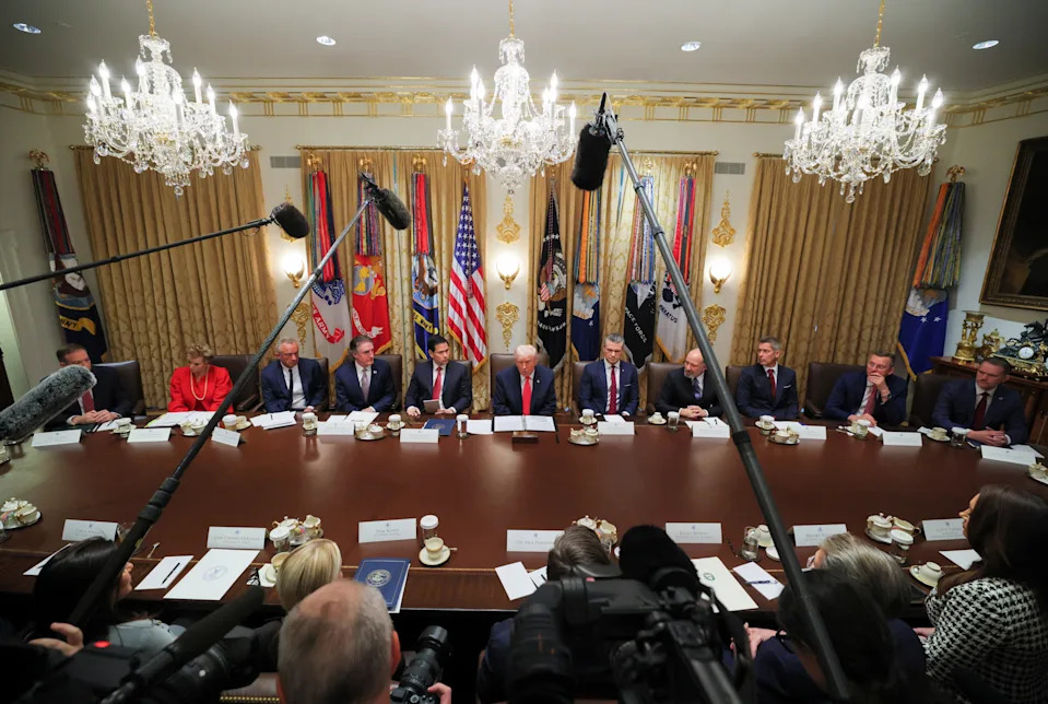 President Donald Trump attends a cabinet meeting with Secretary of Defense Pete Hegseth, Secretary of State Marco Rubio, Health and Human Services Secretary Robert F. Kennedy Jr., Interior Secretary Doug Burgum and Commerce Secretary Howard Lutnick, at the White House in Washington, D.C., U.S., December 2, 2025.