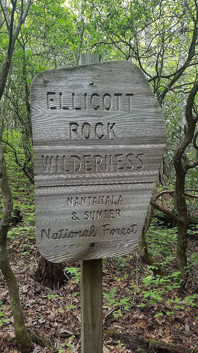 Ellicott Rock Wilderness boundary sign along the Fork Mountain Trail in South Carolina.