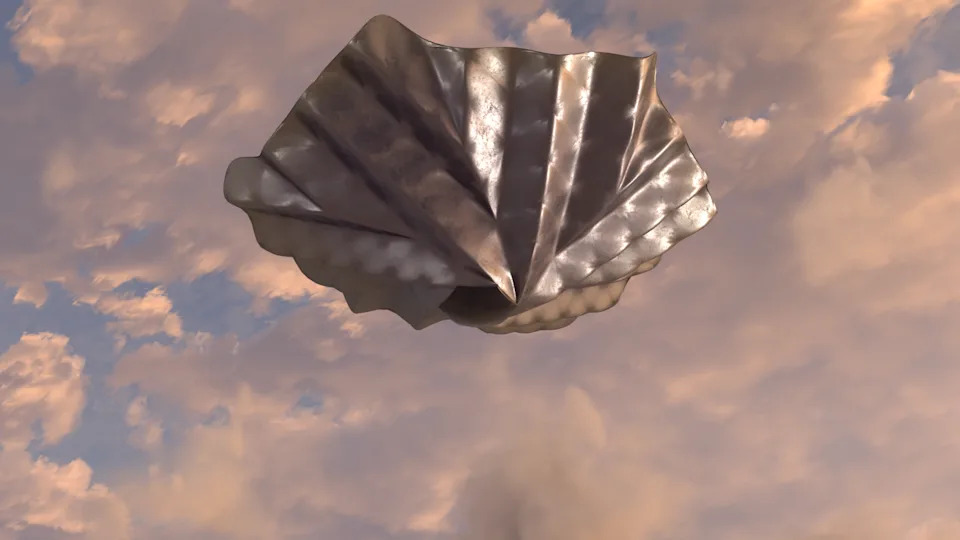 An artists impression of the Space Forge satellite with its heat shield deployed. The shield is open and is silver, with a distinctive, fan-like shape - like an opened umbrella. In the background is a pink sunset like sky with clouds.