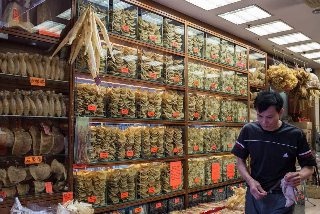 A shop in Hong Kong sells different varieties of dried fish maw. Totoaba is a particular delicacy, and one swim bladder can sell for $10,000.