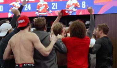 Capitals wildly celebrate in locker room after Spencer Carbery announces they earned two consecutive days off