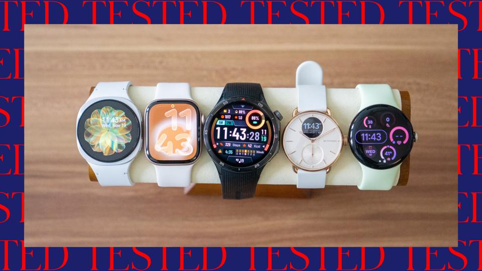 Five different smartwatches lined up next to each other with a red and blue border.