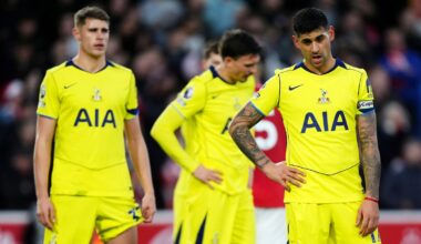 Tottenham captain Cristian Romero and team-mates during the defeat at Nottingham Forest