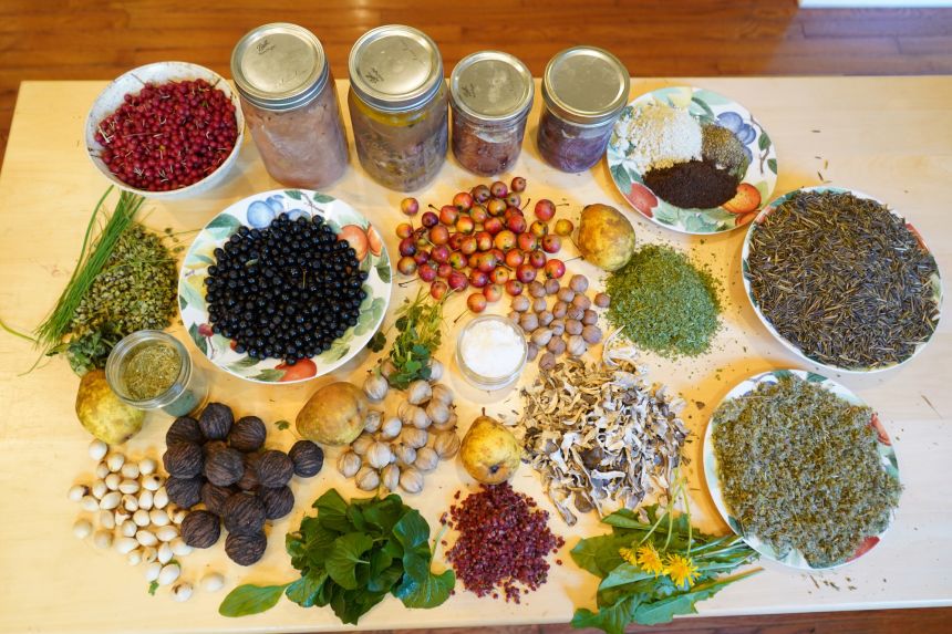 A display of food foraged by Greenfield.
