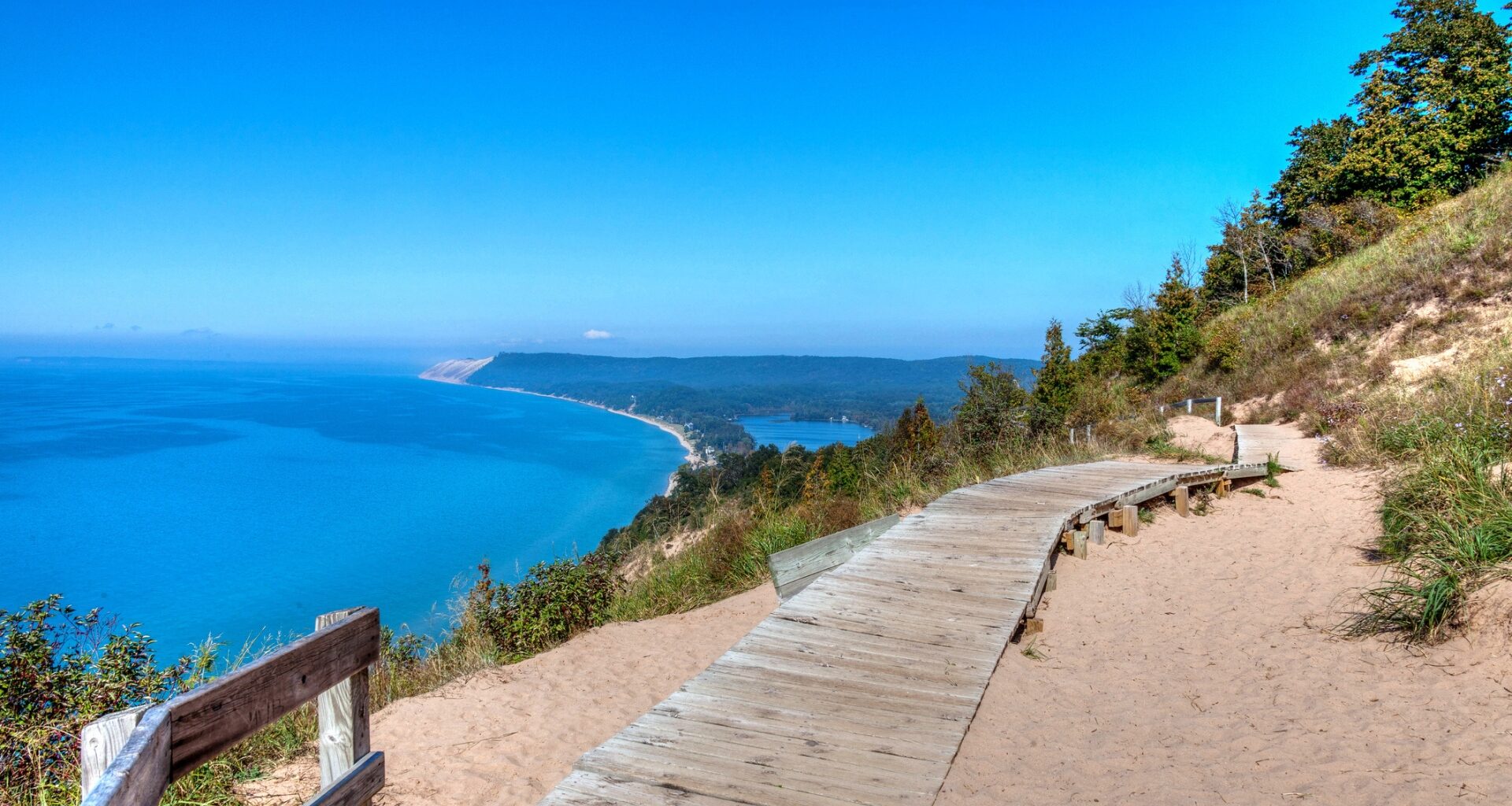 Picture of a walkway overlooking water in Traverse City Michigan , Sleeping Bear Dunes