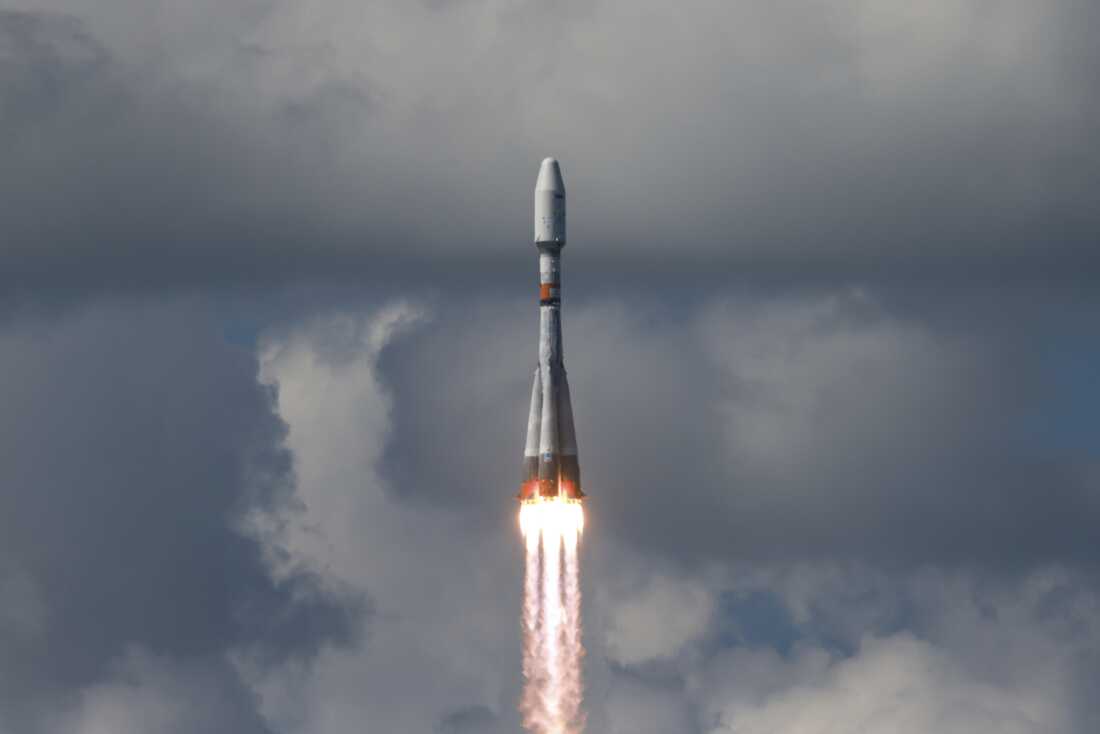 In this photo released by Roscosmos State Space Corporate on Friday, July 25, 2025, a Soyuz rocket lifts off from a launch site in Vostochny in far eastern Russia carrying an Iranian satellite along with Russian satellites into orbit.