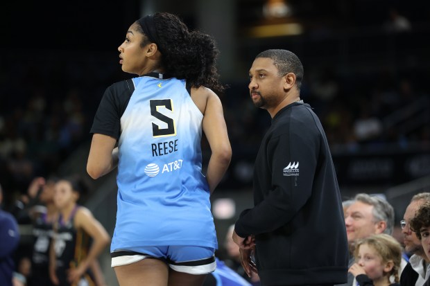 Chicago Sky head coach Tyler Marsh sends forward Angel Reese (5) into the game in the second half against the Connecticut Sun at Wintrust Arena in Chicago on Sept. 3, 2025. (Chris Sweda/Chicago Tribune)
