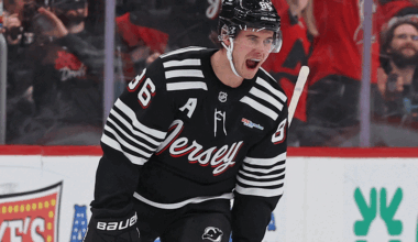 New Jersey Devils center Jack Hughes (86) celebrates his goal against the Buffalo Sabres during the first period at Prudential Center.