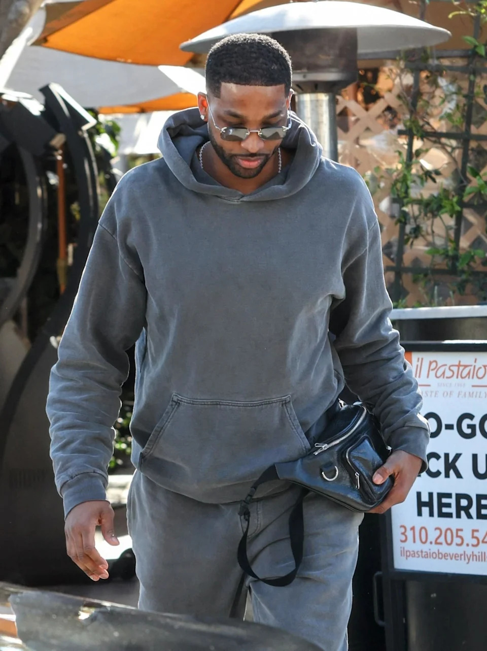 Tristan Thompson is seen out for lunch at Il Pastio