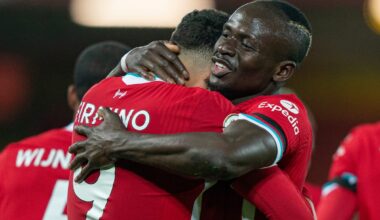 LIVERPOOL, ENGLAND - Sunday, November 22, 2020: Liverpool’s Roberto Firmino (L) celebrates with team-mate Sadio Mané after scoring the third goal during the FA Premier League match between Liverpool FC and Leicester City FC at Anfield. The game was played behind closed doors due to the UK government’s social distancing laws during the Coronavirus COVID-19 Pandemic. Liverpool won 3-0. (Pic by David Rawcliffe/Propaganda)