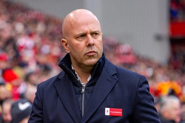 LIVERPOOL, ENGLAND - Sunday, February 16, 2025: Liverpool's head coach Arne Slot, wearing a LFC Foundation badge, before the FA Premier League match between Liverpool FC and Wolverhampton Wanderers FC at Anfield. Liverpool won 2-1. (Photo by David Rawcliffe/Propaganda)