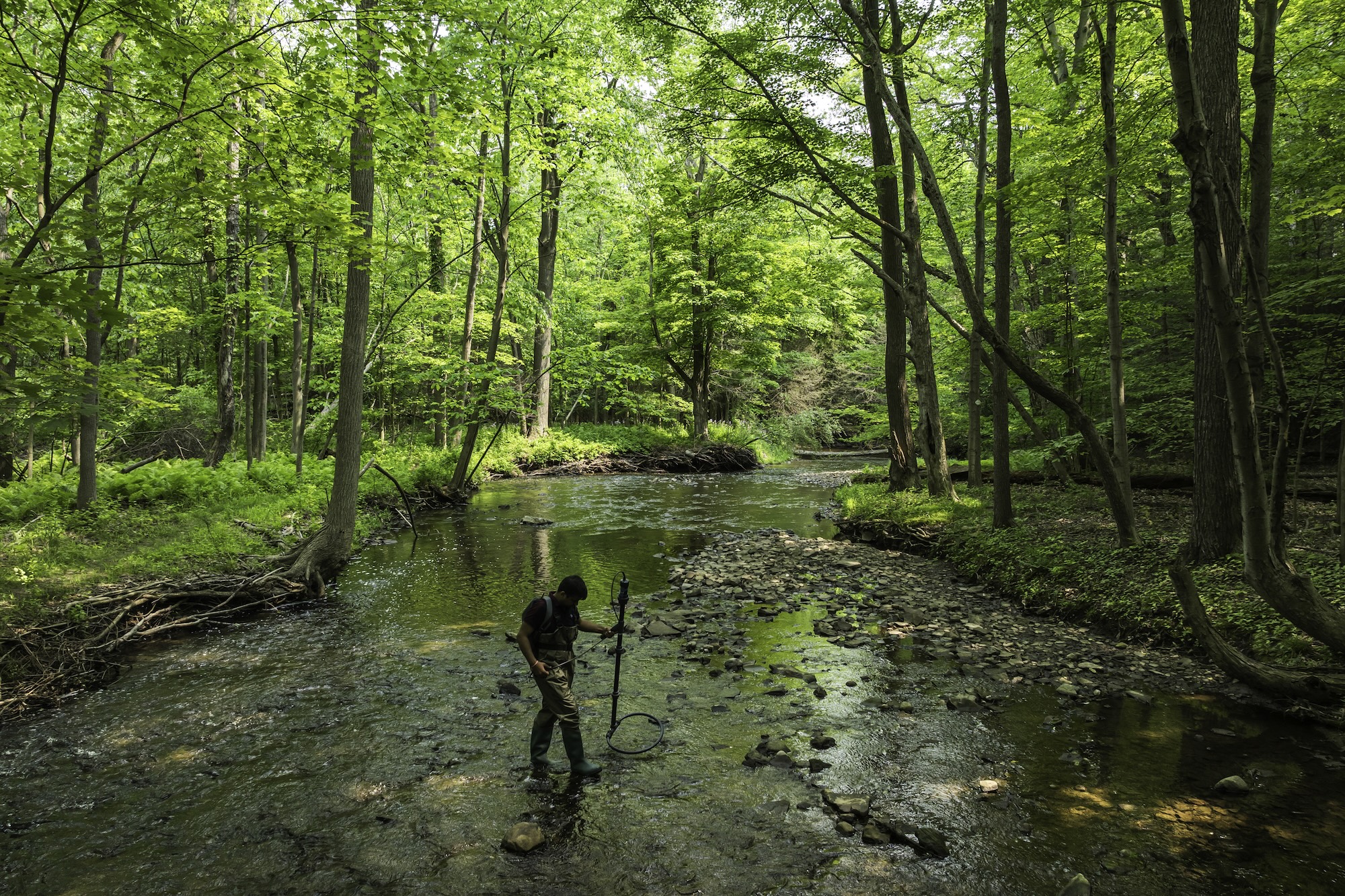 Anshul Yadav uses a self-made device to track the movement of RFID-tagged rocks in a stream.