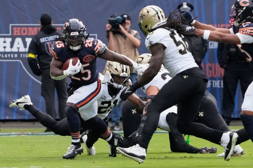 Bears running back Kyle Monangai runs the ball against New Orleans in October. Chicago is second in the league in rushing.