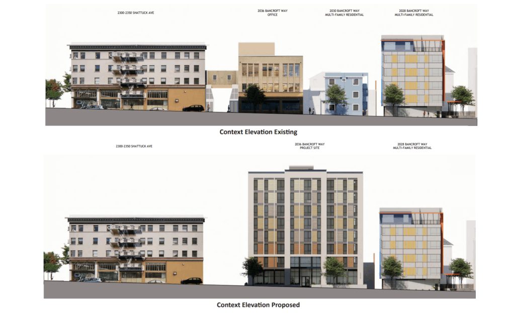 2036 Bancroft Way Existing and Proposed Elevations, image via LSA