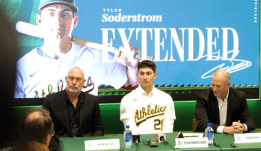 From left, Athletics manager Mark Kotsay, left fielder Tyler Soderstrom, and general manager Da ...