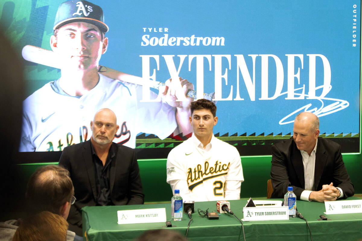 From left, Athletics manager Mark Kotsay, left fielder Tyler Soderstrom, and general manager Da ...