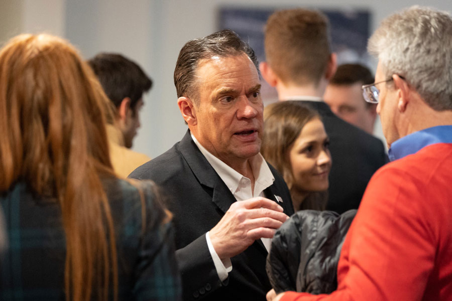 U.S. Rep. Russ Fulcher, R-Idaho, speaks with Republican supporters at the Idaho GOP election night watch party at the Grove Hotel in Boise, Idaho, on Nov. 8, 2022.