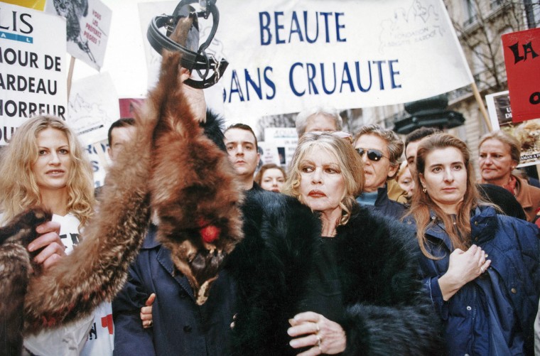 Brigitte Bardot at a protest against fur trapping in Paris in 1997. 