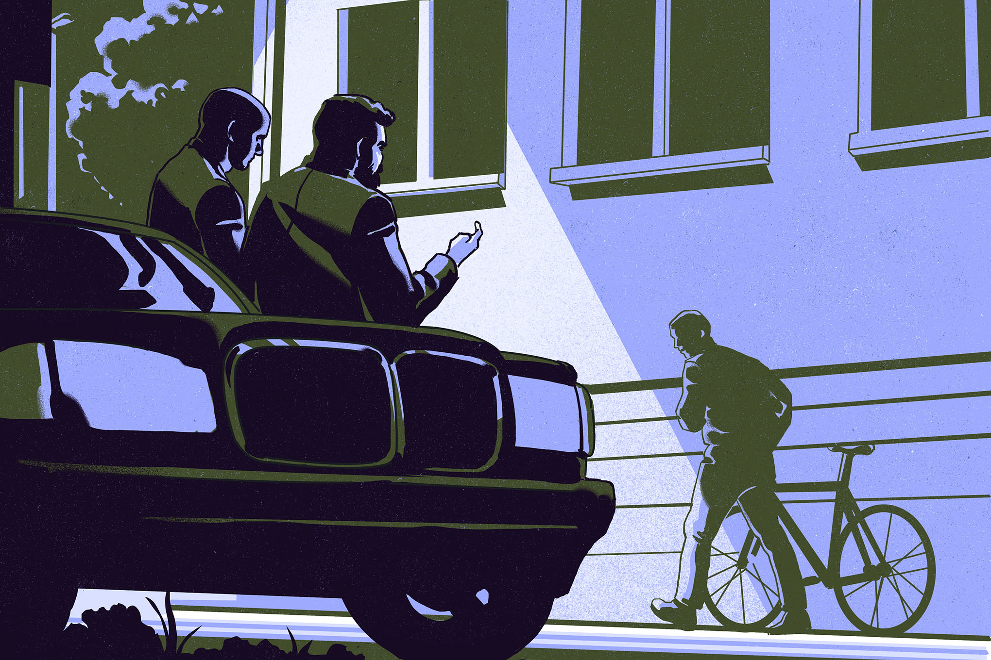 Two mysterious and shadowy male figures leaning against a car beckoning a man with a bicyle to come closer.