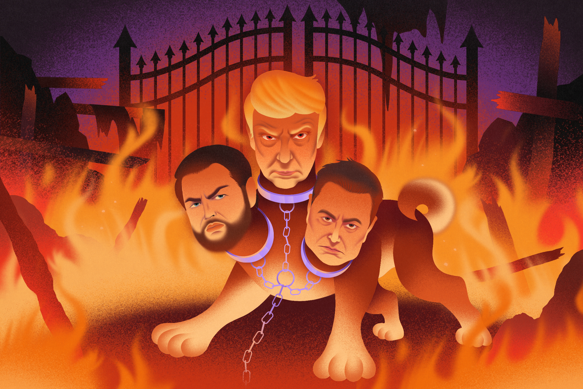 Faces of Donald Trump, Elon Musk, and JD Vance as the three heads on a Shina Inu Cerberus at the gates of hell.
