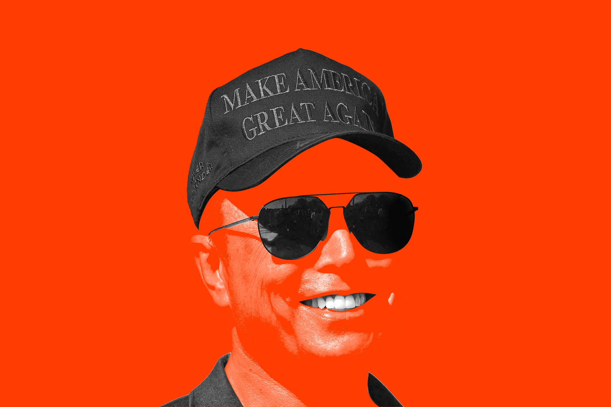 A photo of Elon Musk wearing a “Make America Great Again” fading into a red background