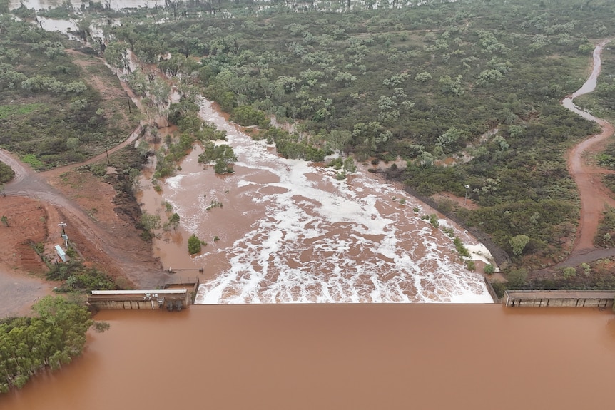 a drone shot of the cloncurry dam and cloncurry river