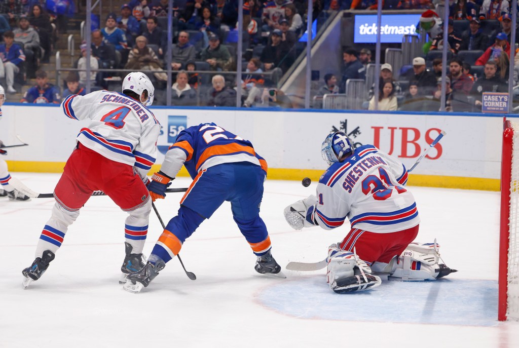 Igor Shesterkin makes a save during the Rangers-Islanders game on Dec. 27, 2025. 