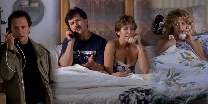 Four people are each on a phone call, three in bed and one standing with an anxious expression. The scene suggests a comedic group call