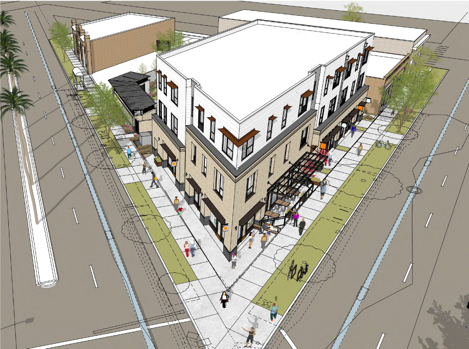 3500 Broadway aerial corner view, rendering by Vrilakas Groen Architects