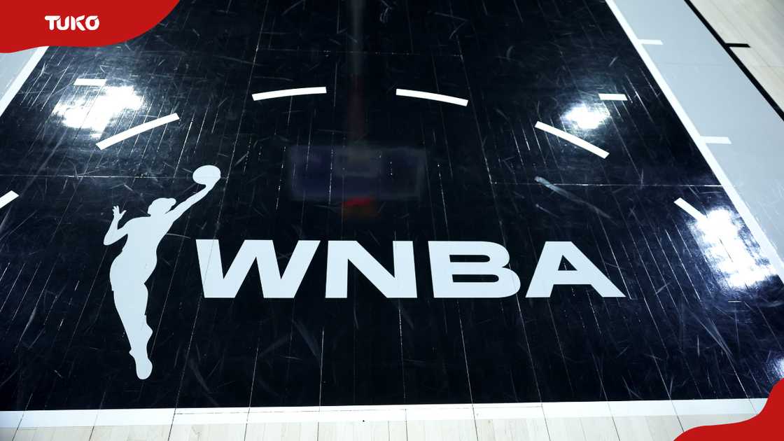 A WNBA logo on the court before a game at Michelob ULTRA Arena in Las Vegas, Nevada.