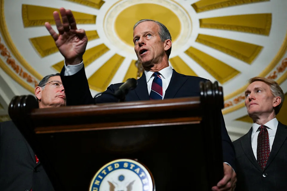 Senate Majority Leader John Thune, R-South Dakota, holds a news conference following the GOP weekly policy lunch on Capitol Hill in Washington, D.C., on Dec. 9, 2025.