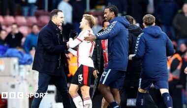 Players from both sides are involved in a melee on the pitch at St Mary's