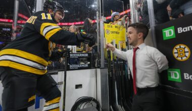 Bruins video coordinator Mat Myers (right) gives a high five to Casey Mittelstadt after pregame warm-up before facing the Canucks at TD Garden on December 20.